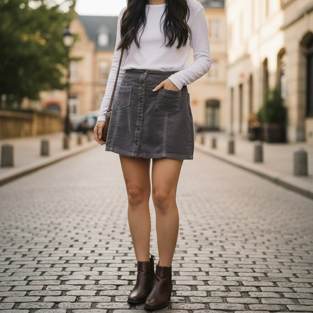 She + Sky Grey Corduroy Mini Short Snap Skirt Size Large Pockets